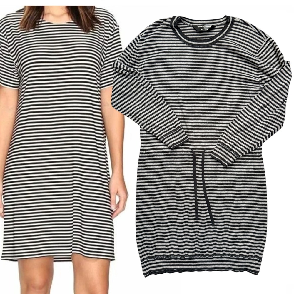 Norma Kamali Knit Dress Striped Drawstring Waist Black Grey Large